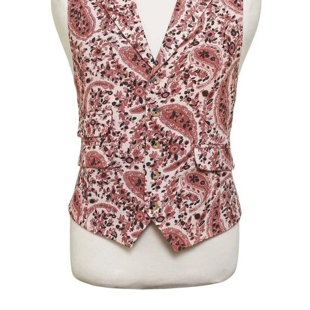 Mens Paisley Vest 44R Red Beige Waistcoat XL Formal Wedding Prom Party Groom